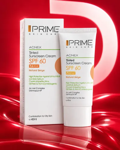 کرم ضدآفتاب رنگی آکنکس پرایم SPF60 مناسب پوست چرب و مستعد جوش ۴۰ میلی‌لیتر natural beige