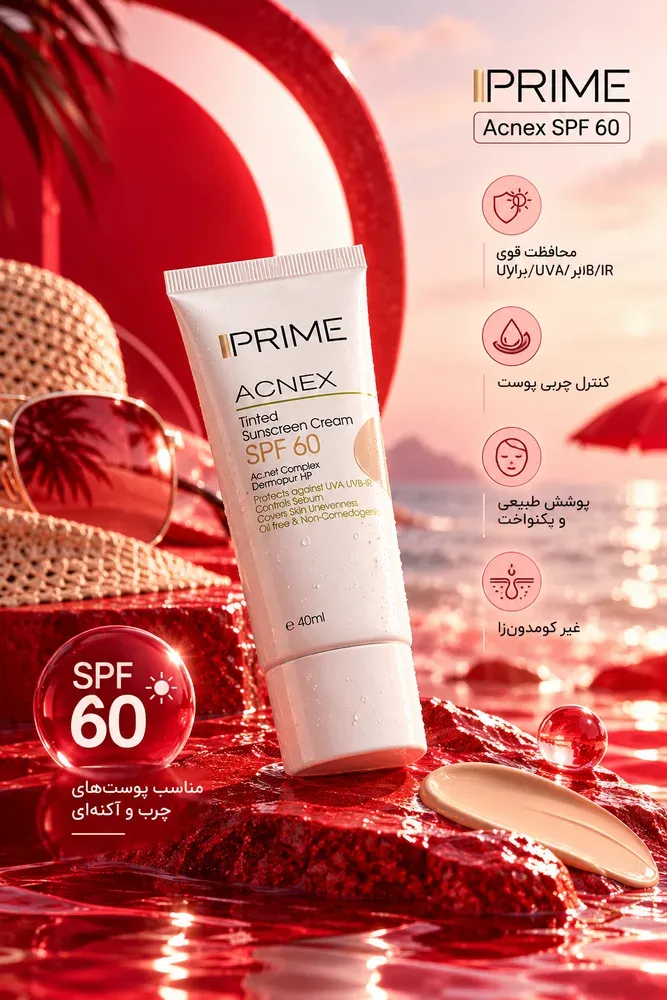 کرم ضدآفتاب رنگی پرایم SPF60 مدل Acnex، حجم 40 میلی‌لیتر
