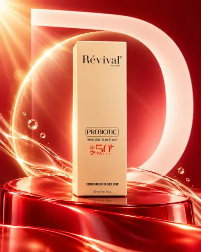 فلوئید ضدآفتاب پری‌بیوتیک رویوال SPF50 مناسب پوست چرب و مختلط ۵۰ میلی‌لیتر